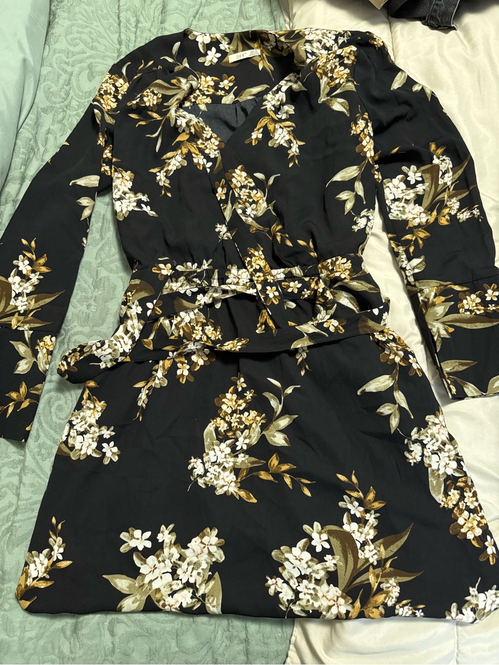 Dex Black Floral Long Sleeve Wrap Dress with Belt